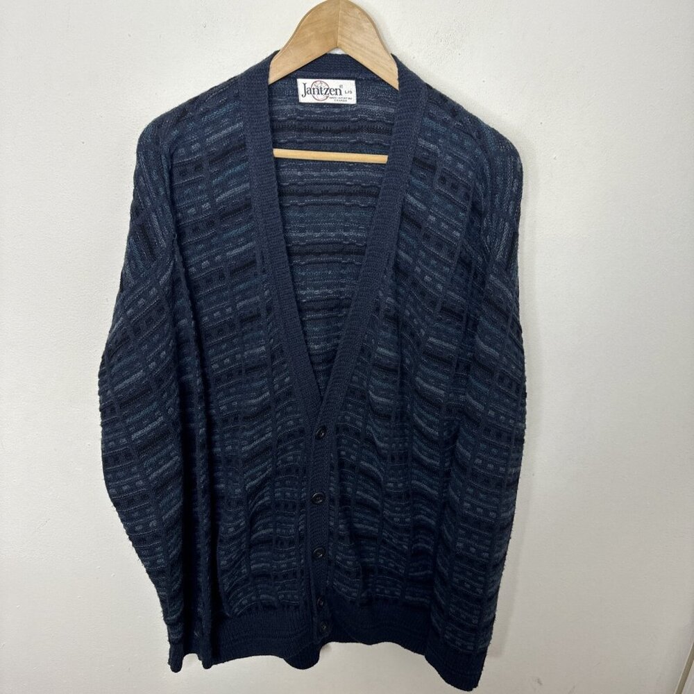 Vintage Jantzen Men L Sweater Knit Cardigan 80s Dad Cosby Grandad Blue Mohair V
